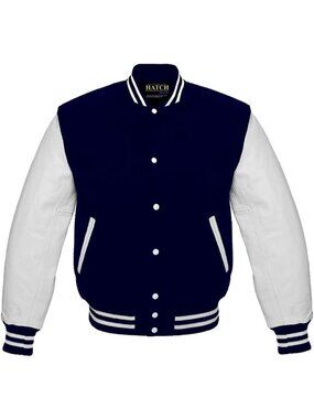 Men’s Navy Blue White Genuine Leather Sleeve Varsity Letterman Jacket